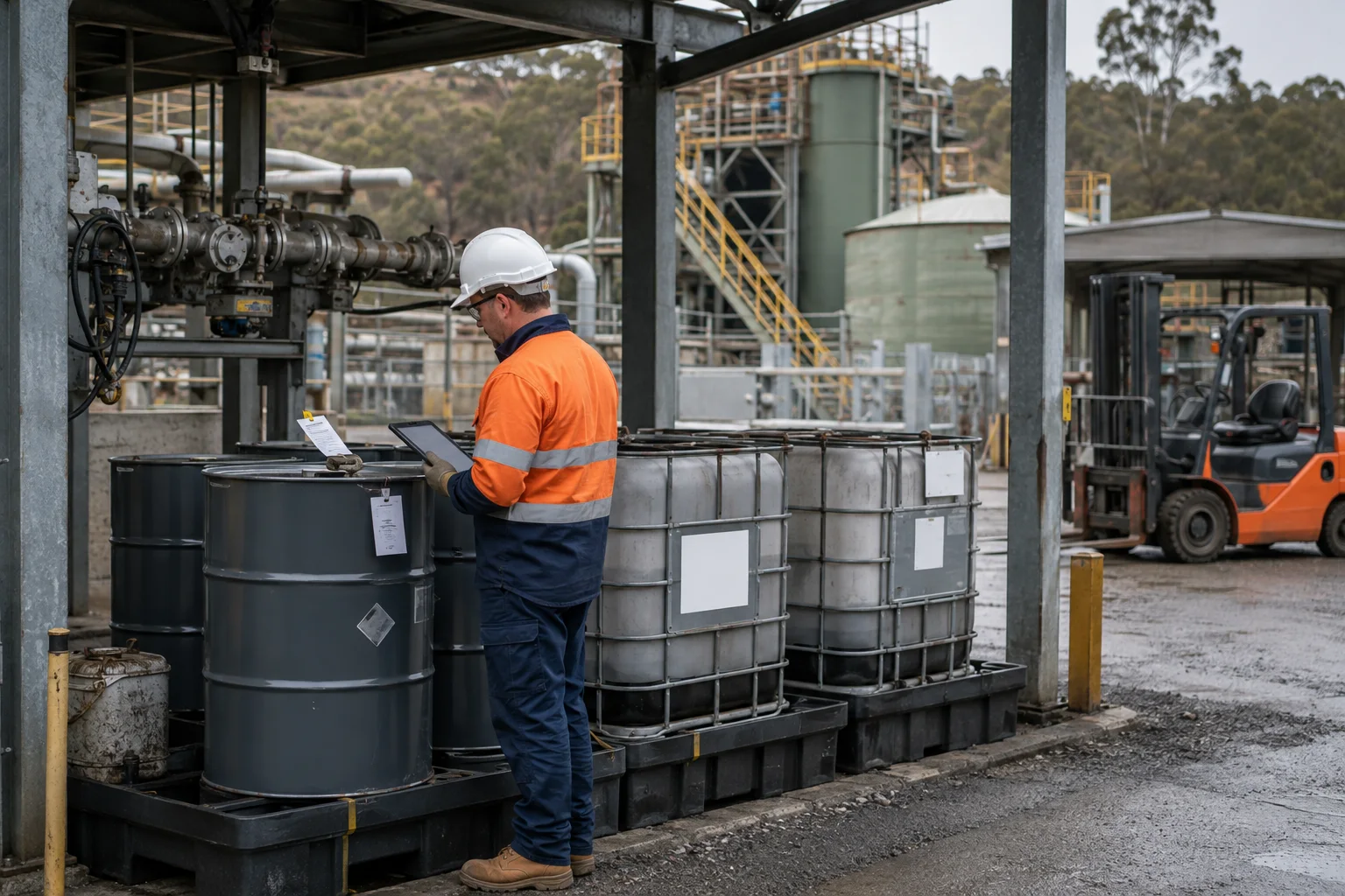 PPE-clad operator recording sealed industrial containers at a processing facility