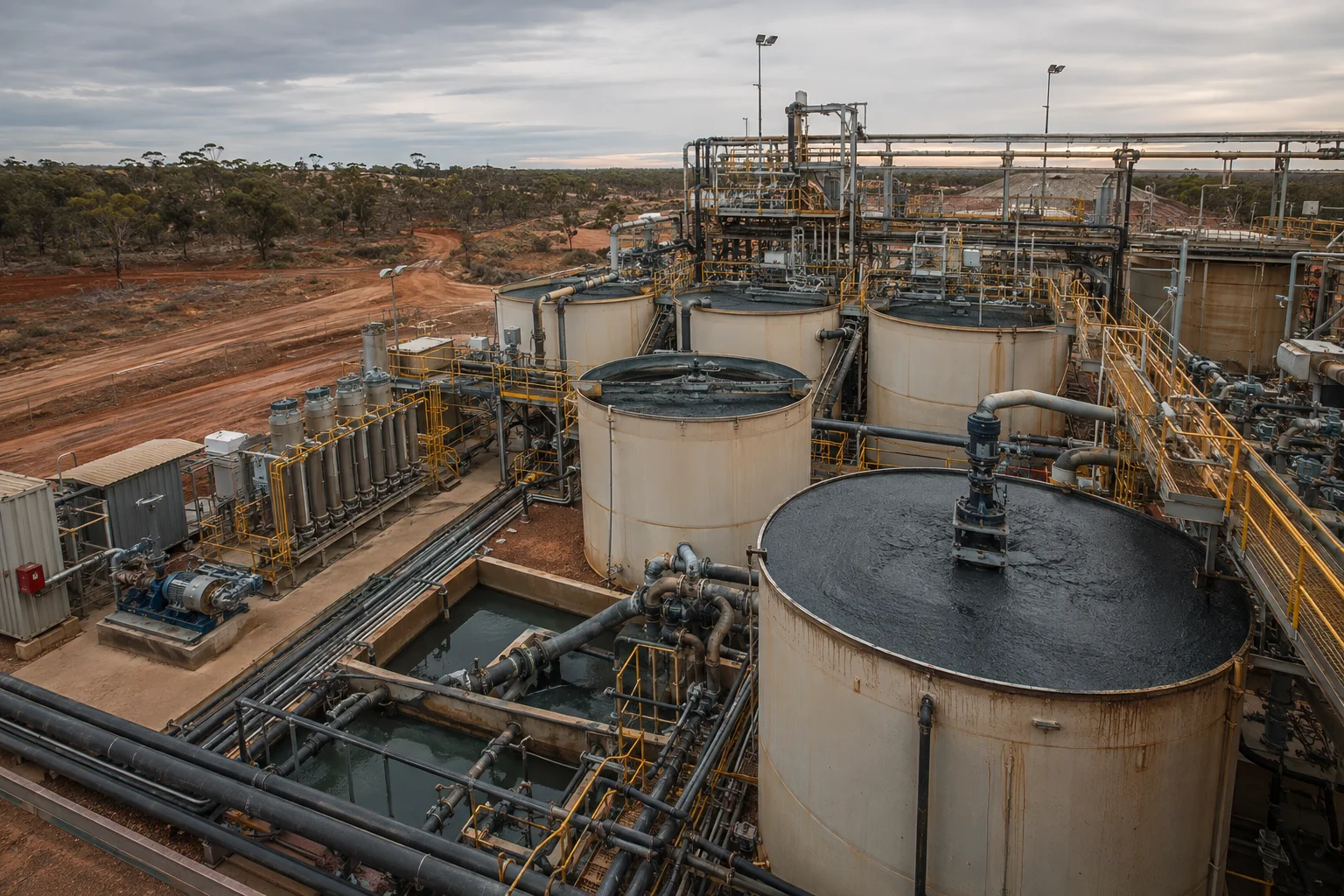 Wide view of a gold-processing CIP/CIL circuit with tanks, walkways and process pipework